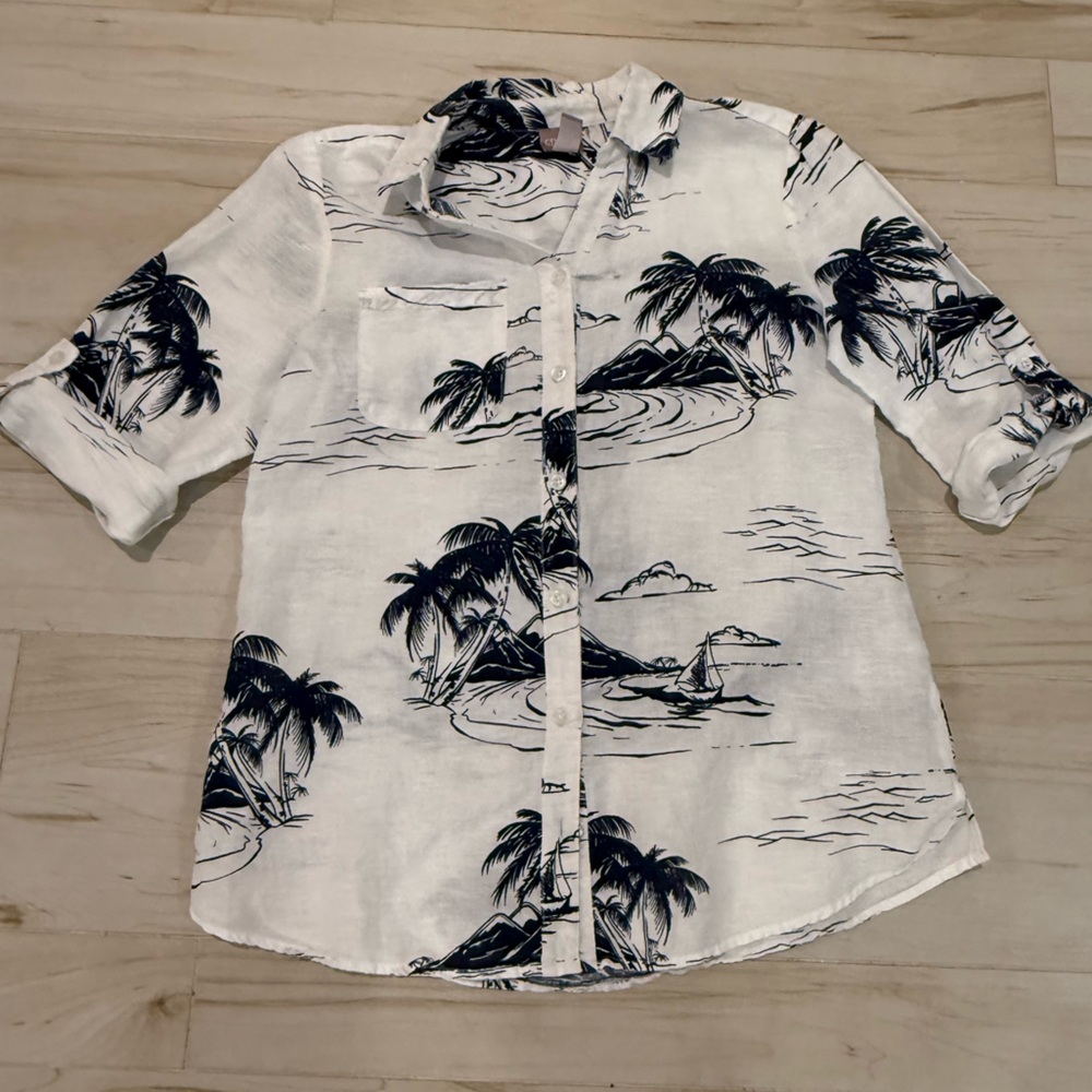 Like New Coastal Grandmacore Scenic Print Camp Shirt Linen Blend Size S
